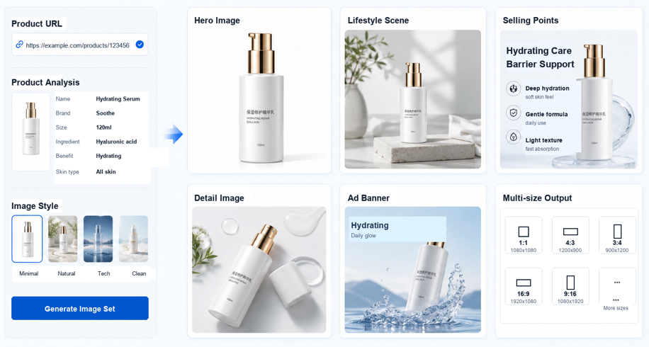 Aeaos product image set workspace from product parsing to multi-size output