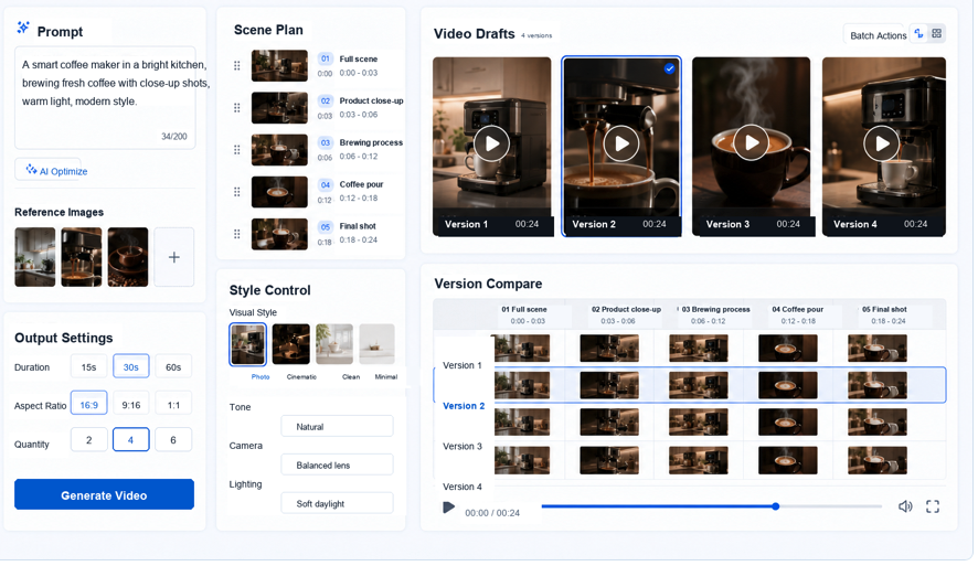 Aeaos prompt-to-video workspace with video draft and version comparison